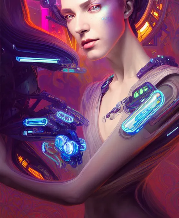 Image similar to a whirlwind of souls rushing inside the metaverse, hologram, half body, neurochip, shaved temple, piercing, jewelry, android, cyborg, cyberpunk face, by loish, d & d, fantasy, intricate, elegant, highly detailed, colorful, digital painting, artstation, concept art, art by artgerm and greg rutkowski and alphonse mucha