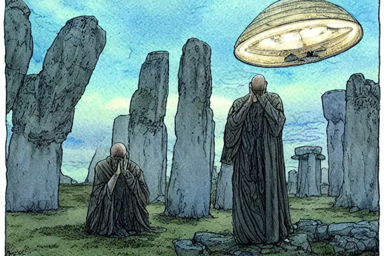 Image similar to a realistic and atmospheric watercolour fantasy concept art of a ufo landing in a floating stonehenge. one dirty medieval monk in grey robes is on his knees praying to the ufo. muted colors. by rebecca guay, michael kaluta, charles vess and jean moebius giraud