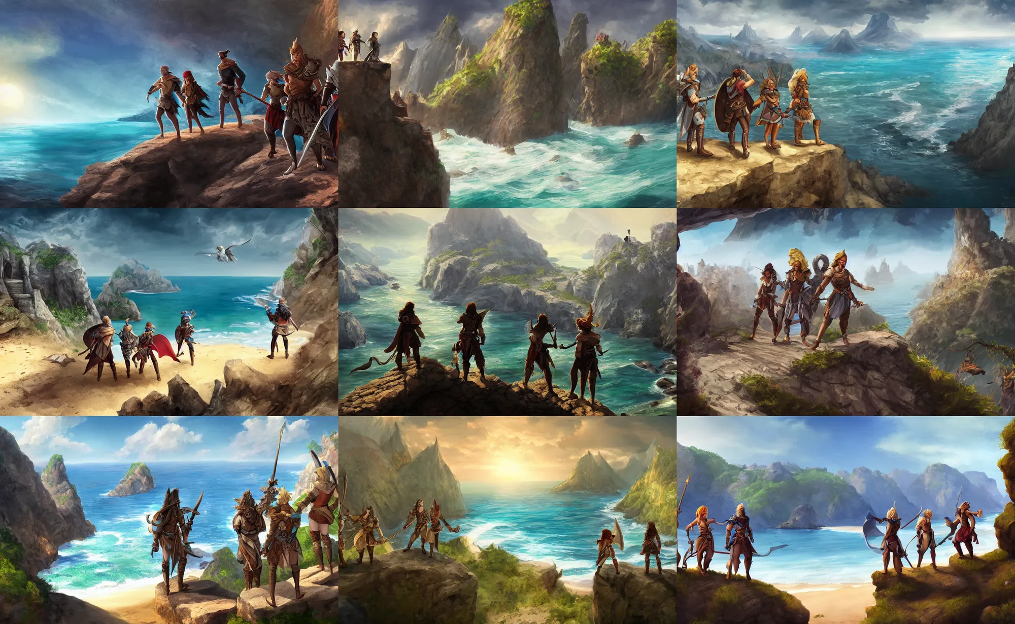 Prompt: four dnd adventurers standing on a cliff looking at the beach, sunny, fantasy art, epic, 4 k