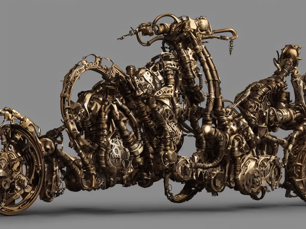 Image similar to a warforged steampunk superbike, realistic render, 4 k,
