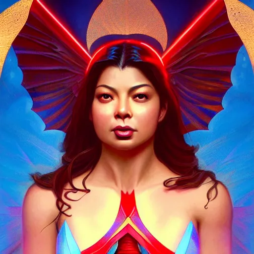 Image similar to angel locsin as darna, volumetric lights, red and cyan theme, art nouveau botanicals, intricate, highly detailed, digital painting, artstation, concept art, smooth, sharp focus, cinematic, illustration, beautiful face, art by artgerm and greg rutkowski and alphonse mucha