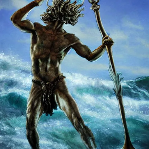 Image similar to Proud and screaming Poseidon rising from the ocean, ready to fight, fantasy art, photorealistic