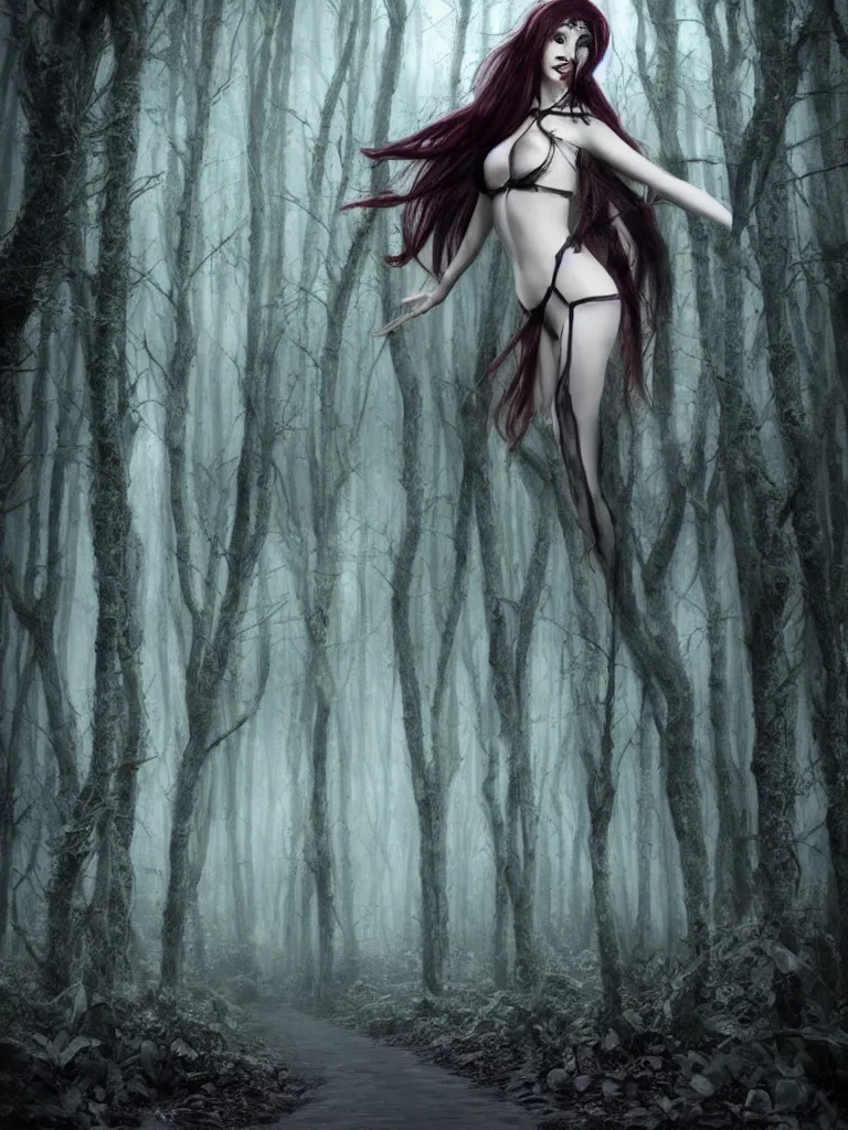 Image similar to beautiful dark witch in a gloomy horror forest cinematic, realistic, detailed, full body