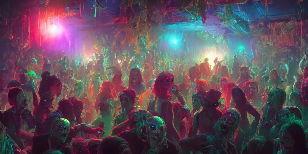 Prompt: a zombie disco party, vivid colors, extremely detailed digital painting, mystical colors, rim light, beautiful lighting, 8 k, stunning scene, raytracing, octane, trending on artstation, art by artgerm and greg rutkowski and alphonse mucha and loish and wlop