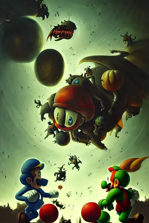 Image similar to hieronymus bosch, greg rutkowski, anna podedworna, painting of samus aran fighting mario and luigi