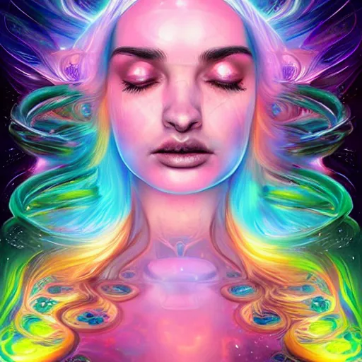 Image similar to a galaxy colored psychedelic chakra awakening kundalini ethereal portrait of kim petras with her eyes closed transcending to a higher plane of existence, eternal blessing, multiverse, by android jones, by ben ridgeway, visionary art, by artgerm, featured on artstation, cgsociety, by greg rutkowski