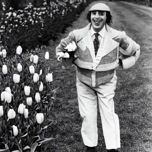 Image similar to photo of herbert butros khaury as singer tiny tim, tiptoeing through the tulips, walking on tiptoes