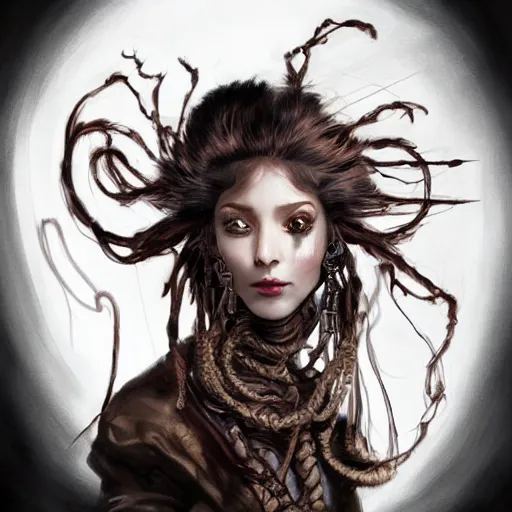 Image similar to portrait of a Shibari rope wrapped face and neck, headshot, insanely nice professional hair style, dramatic hair color, digital painting, of a old 17th century, old cyborg merchant, amber jewels, baroque, ornate clothing, scifi, realistic, hyperdetailed, chiaroscuro, concept art, art by Franz Hals and Jon Foster and Ayami Kojima and Amano and Karol Bak,