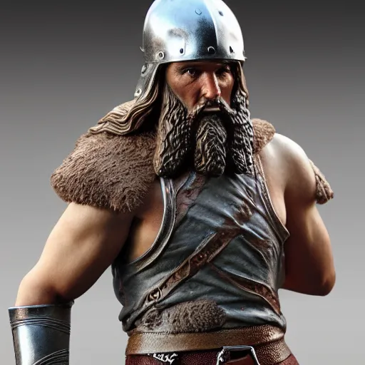 Image similar to of a 3d clay model of a viking from valhalla, wearing the horned helmet ultra fine detail, hair strands, ultra high resolution, fine texture detail, miniature painting techniques, perfect proportions, marvel cinematic universe, eric bana