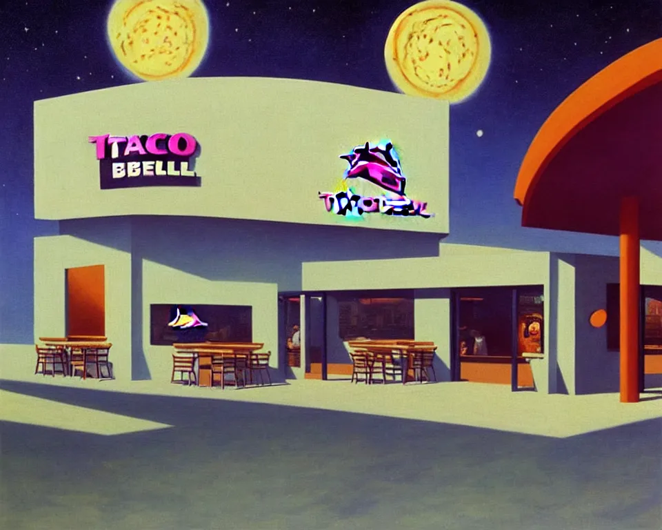 Prompt: !dream an achingly beautiful print of a Taco Bell restaurant on a lunar base by Raphael, Hopper, and Rene Magritte. detailed, romantic, enchanting, trending on artstation.