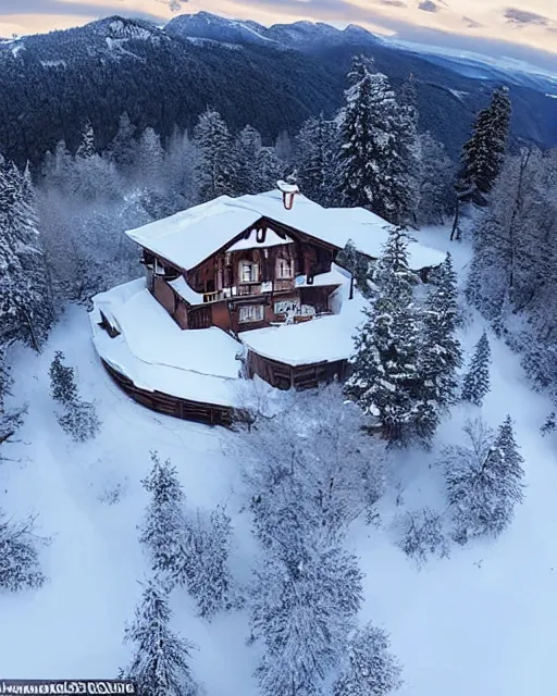 Prompt: hidden mansion on fire in the alps with snow covered roof, zoomed out, shot from drone, iphone capture