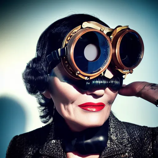 Image similar to dslr photo portrait still of marlene dietrich wearing steampunk goggles, 8 5 mm, f 1. 8, photorealistic, 4 k, octane render,