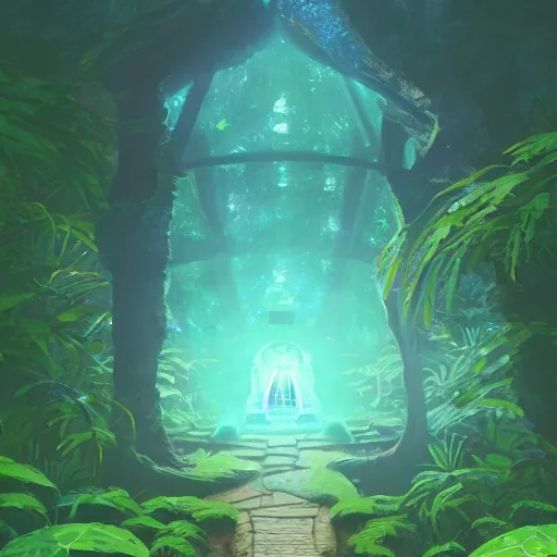 Prompt: hidden temple in the forest, crystals, tilt - shift focus, sharp lines, 3 d, entrance to ethereal realm, glow, magic circle, magic doorway, mist, bioluminescence, concept art, james gilleard, studio ghibli