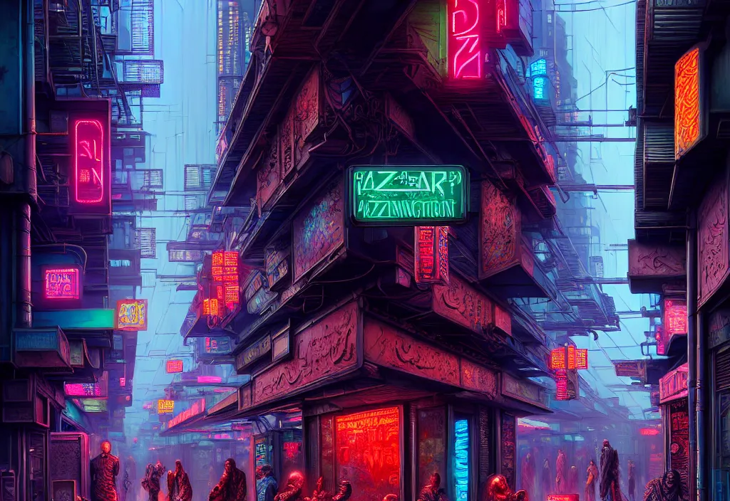 Image similar to a highly detailed bazaar street in the cyberpunk megacity of new washington, amazing cyberpunk digital painting, by gerald brom, brom digital art, intricate details, ultra realistic, beautiful art, volumetric lighting, by art germ, by brom, rule of thirds, trending cgsociety, artstation, warm colors advance cool colors recede, neon lights, crowded, 8 k