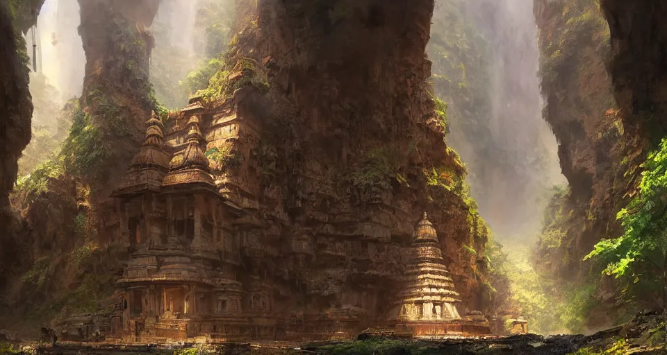 Image similar to indian ancient temple hidden in a cave waterfalls around, realistic concept art, eytan zana, one pixel brush, by eugene von guerard, ivan shishkin, dramatic lighting, concept art, trending on artstation