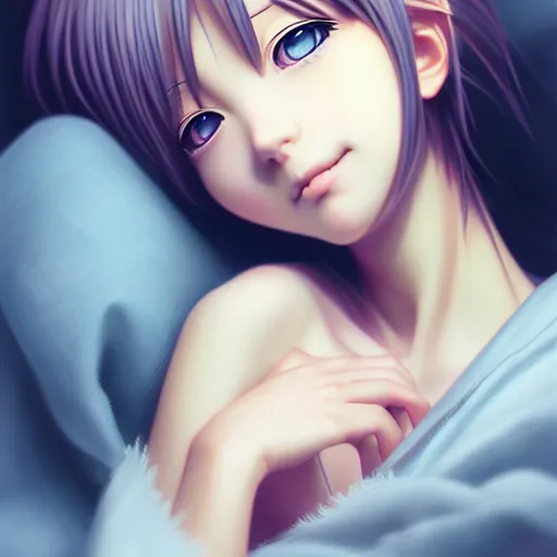 Image similar to beautiful serene intricate portrait of a realistic anime girl, smiling softly, wearing casual clothes, relaxing on the couch, interior lighting, cozy living room interior, soft focus, 8 k, art by irakli nadar, hyperrealism, hyperdetailed, ultra realistic