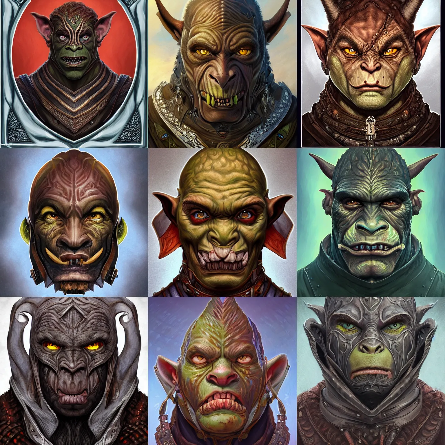 Prompt: head-on symmetrical centered painted portrait, D&D male orc goblin rogue, leather armour, art nouveau, fractal tarot card style, masterpiece, fantasy, intricate, elegant, highly detailed, smooth, sharp focus, illustration, artstation, in the style of Artgerm and Anna Podedworna and Alex Ross and Mucha