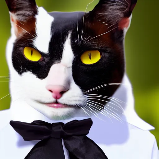 Prompt: a tuxedo cat with a realistic human head, movie still, 8 k