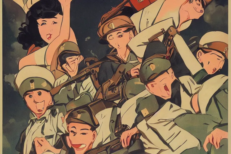 Image similar to 1940s, war, anime, poster, smiling tanks