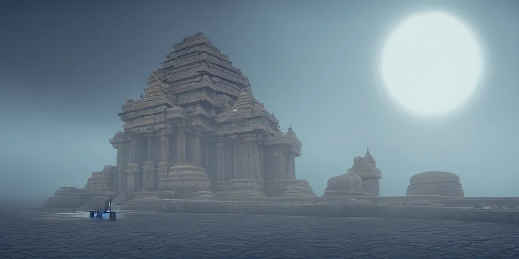 Prompt: futuristic sci fi cult temple made out of hindu temples flying in sky, foggy sky, around photorealism, unreal engine, 8 k, volumetric lighting, beeple style