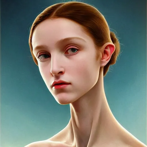 Image similar to A young beautiful female extraterrestrial-cyborg face with a very long neck, big clear eyes, thin nose, big lips, hair floating in the wind:: alien is from the future, Realistic, Refined, Detailed Digital Art, Oil Painting, William-Adolphe Bouguereau, Pre-Raphaelite,Renaissance, Highly Detailed, Cinematic Lighting, Unreal Engine, 8K