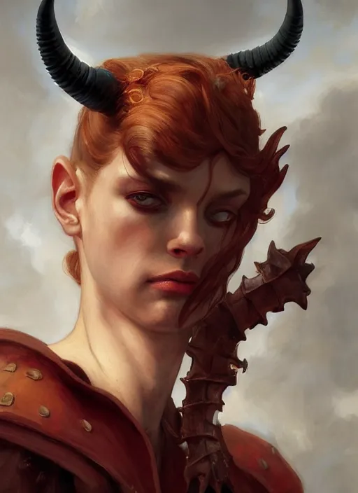 Image similar to portrait demon half human, elegant, wearing a bomber jacket, armor, hyper realistic, horns, extremely detailed, dnd character art portrait, fantasy art,, dramatic lighting, vivid colors, deviant art, artstation, by edgar maxence and caravaggio and michael whelan and delacroix, lois van baarle and bouguereau