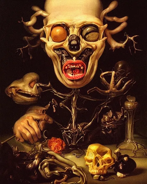 Image similar to refined gorgeous blended oil painting with black background by christian rex van minnen rachel ruysch dali todd schorr of a chiaroscuro portrait of an extremely bizarre disturbing mutated man with shiny skin acne dutch golden age vanitas intense chiaroscuro cast shadows obscuring features dramatic lighting perfect composition masterpiece