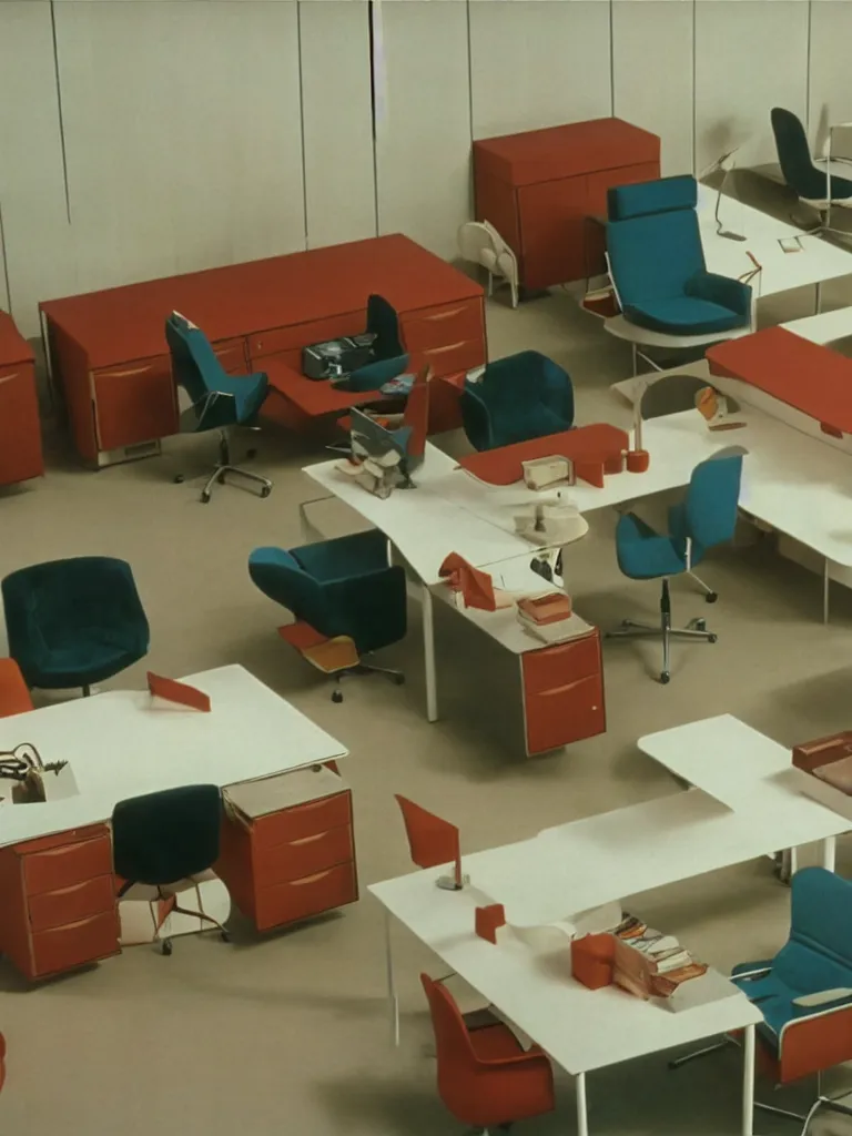 Image similar to a still of severance series ( 2 0 2 2 ) indoor 7 0 s furniture office scenario appearing in a film of jacques tati