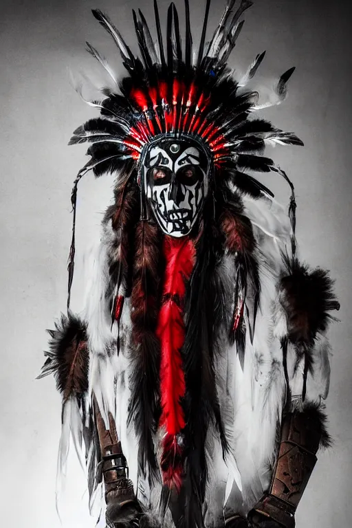 Image similar to the ghost - spirit of the grim - warpaint wears the scarlet skull armor and native blood headdress feathers, midnight fog - mist!, cinematic lighting, various refining methods, micro macro autofocus, ultra definition, award winning photo