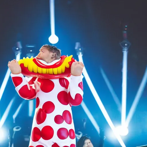 Image similar to Professional photograph of Flume wearing a hotdog costume on stage at EDC