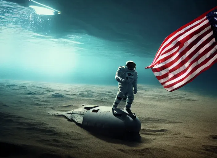 Image similar to astronaut underwater putting a flag in the sand of the bottom of the ocean. in the background, a submarine is visible. dark, concept art, cinematic, dramatic, atmospheric, 8 k, trending on artstation, zack snyder