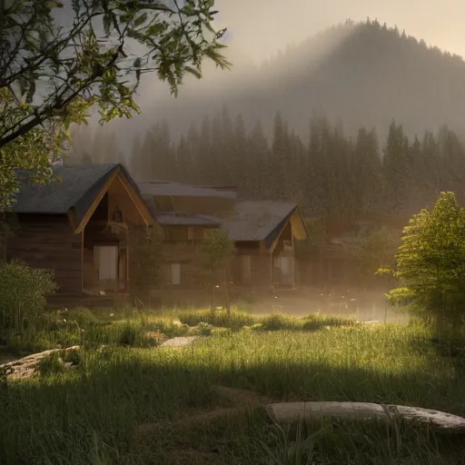 Image similar to ecovillage designed by olson kundig, day time, grand mountains and forest in the distance, farm and gardens, streams, white mist, sun in the sky, Cinematic, environment concept art, ethereal, ultra detailed, unreal engine style, cinematic light, trending in artstation, highly detailed, epic scene