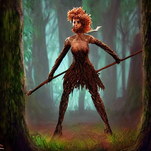 Image similar to a dryad knight made of wood weilding a giant club, dnd in a dark forest, digital art, high quality render, artstation, 8 k, photograph quality, ultrahd, in the style of dungeons and dragons