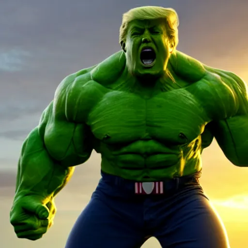 Image similar to Donald Trump cast as the Hulk, still from marvel movie, hyperrealistic, 8k, Octane Render,