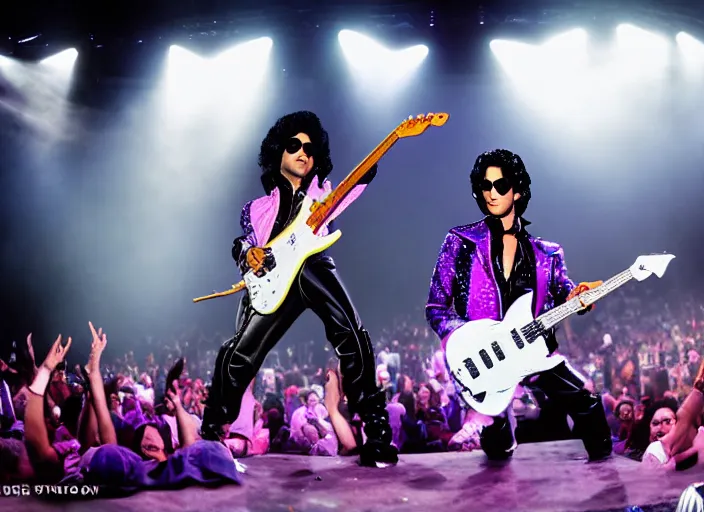 Prompt: photo still of prince from purple rain on stage at vans warped tour!!!!!!!! at age 3 3 years old 3 3 years of age!!!!!!!! serving pancakes to the crowd, 8 k, 8 5 mm f 1. 8, studio lighting, rim light, right side key light