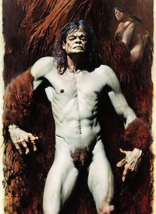 Prompt: upper body portrait of a huge brad dourif wearing animal skins, by frank frazetta and lawrence alma-tadema and zdzislaw beksinski and norman rockwell and jack kirby