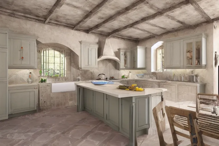 Prompt: Photography of Provence style kitchen with cat in the center, photorealism