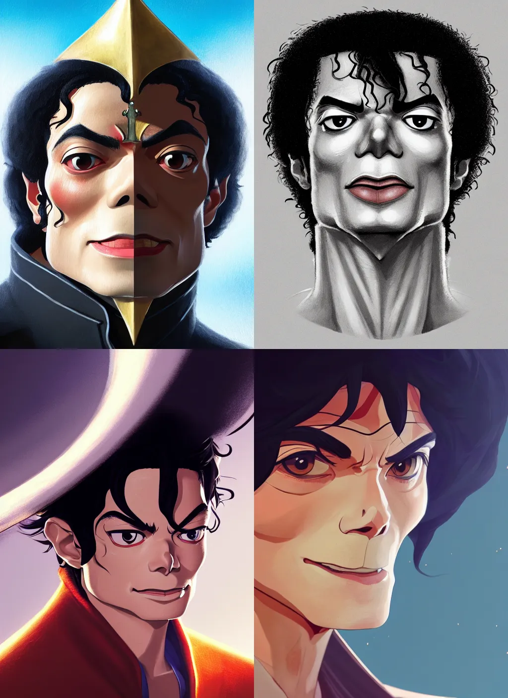 Prompt: centered!! macro head portrait of medieval king michael jackson, artstation, detailed cartoon, elegant, digital painting, concept art, smooth, sharp focus, illustration, ghibli, makoto shinkai, don bluth, fujita goro, jean giraud, akihiko yoshida, tom whalen 8 k