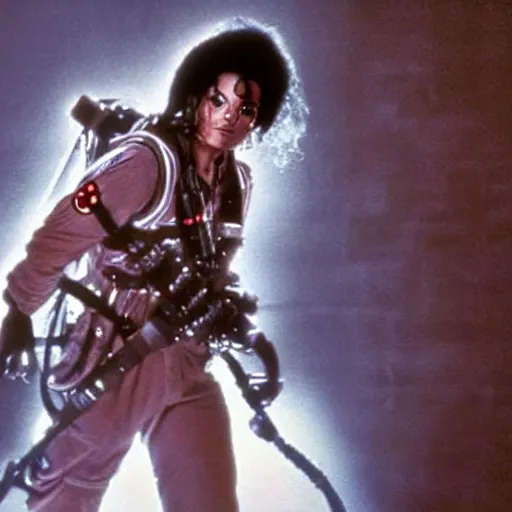 Image similar to stunning awe inspiring michael jackson with a highly detailed face as a ghostbuster in the movie ghostbusters, movie still 8 k hdr atmospheric lighting