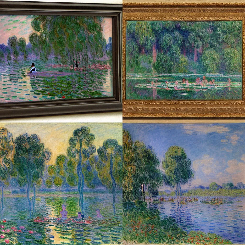 Prompt: women and men bathing in the lake, flowers and trees around the lake, morning, august, by Claude Monet