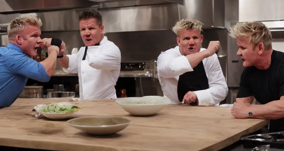 Image similar to photo of angry furious Gordon Ramsay punching Gordon Ramsay at the kitchen