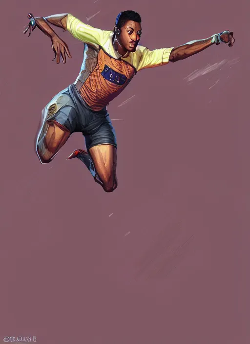 Prompt: a highly detailed illustration of attractive young african guy with short hair wearing track and field suit, heroic jumping pose, by greg rutowski, intricate, elegant, highly detailed, centered, digital painting, artstation, concept art, smooth, sharp focus, league of legends concept art, wlop