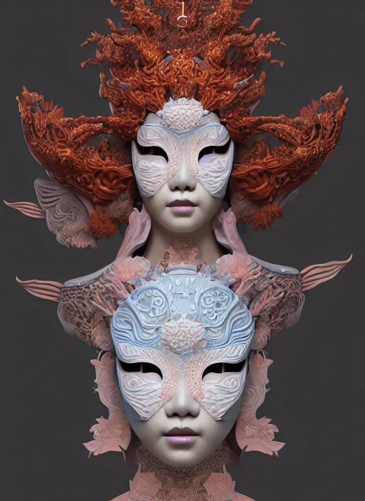 Prompt: 3 d goddess medium shot profile portrait. beautiful intricate highly detailed korean gumiho mask and traditional korean hanbok. stingray, magpie, bioluminescent, plasma, lava, ice, water, wind, creature, fog, artwork by tooth wu and wlop and beeple and greg rutkowski, 8 k trending on artstation,