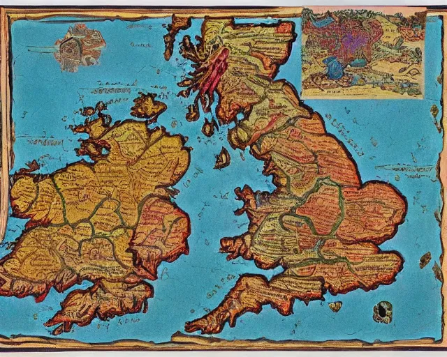 Image similar to highly detailed colourful ancient map of the united kingdom, flat earth model, beautiful caligraphy and notations, beautiful detailed illustrations, ancient lost artefacts, 3 5 mm film photo, maximalist,