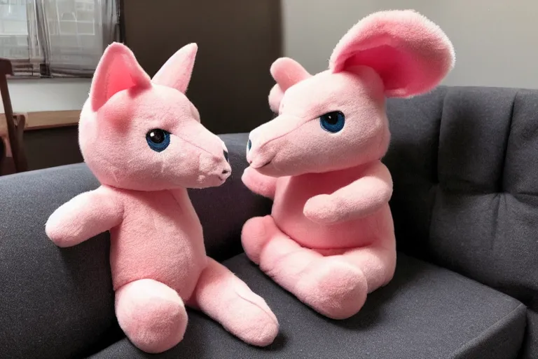 Prompt: a high quality 3 5 mm photo of a pink chubby stuffed animal kangaroo, wearing a dark blue shirt, large ears, pointy nose, on a couch, trending on artstation, sharp focus, kids toy