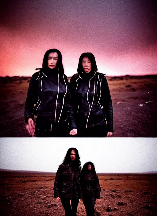 Image similar to cinestill 5 0 d photographic portrait of two loving clones, women wearing rugged black techwear on a desolate plain with a red sky, closeup, diverse species, cyberpunk, in front of a brutalist dark metal facility, dust storm, 3 5 mm, 8 k, f / 1 6, high resolution, ultra realistic faces, beautiful faces