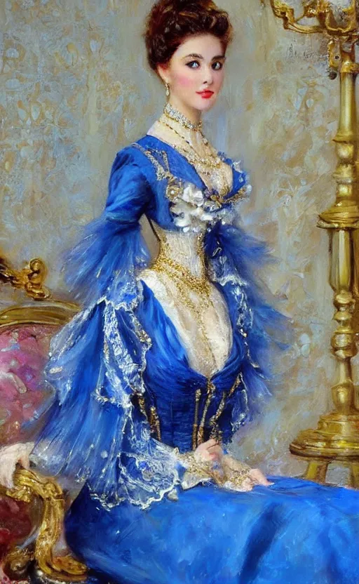 Image similar to Elegant laydy in blue victorian dress with gold ornaments. By Konstantin Razumov, highly detailded