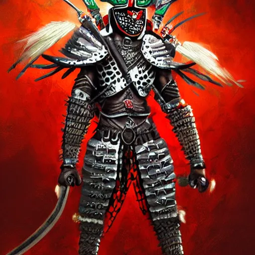 Prompt: mexican indigenous warrior in a ornated armor preparing for war, full body, dynamic pose, red and obsidian neon, concept art, intricate details, highly professionally detailed, cgsociety, highly detailed -