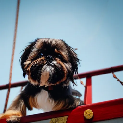 Image similar to low angle photo of a shih tzu on a pirate ship out at sea