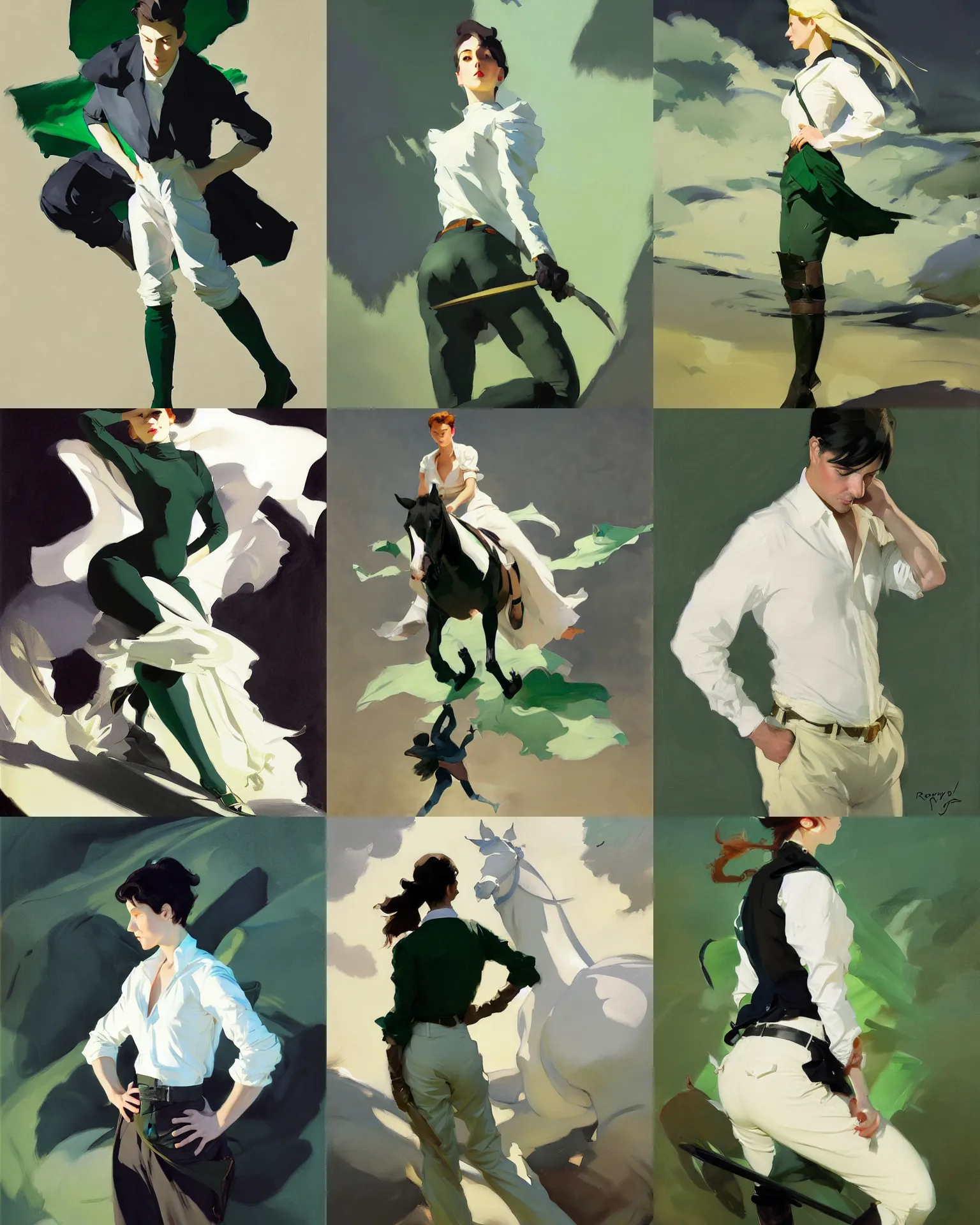 Prompt: white black deep green cloth fabric jodhpurs greg manchess painting by sargent and leyendecker, studio ghibli, fantasy, medium shot, asymmetrical, intricate, elegant, matte painting, illustration, hearthstone, by rhads by greg rutkowski, by greg tocchini, by james gilleard, by joe fenton